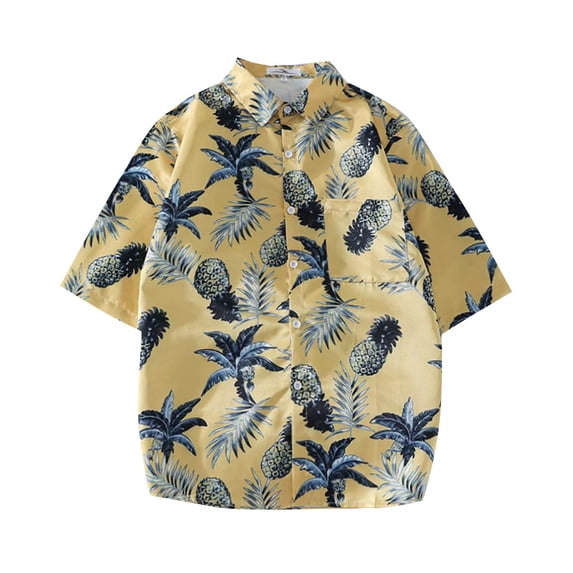 Beach Shirts for Kids Hawaii Holiday Short Sleeve Button Down Shirt Tops Boys Summer Clothes Collared Cotton Blouses, Yellow, 7 Years