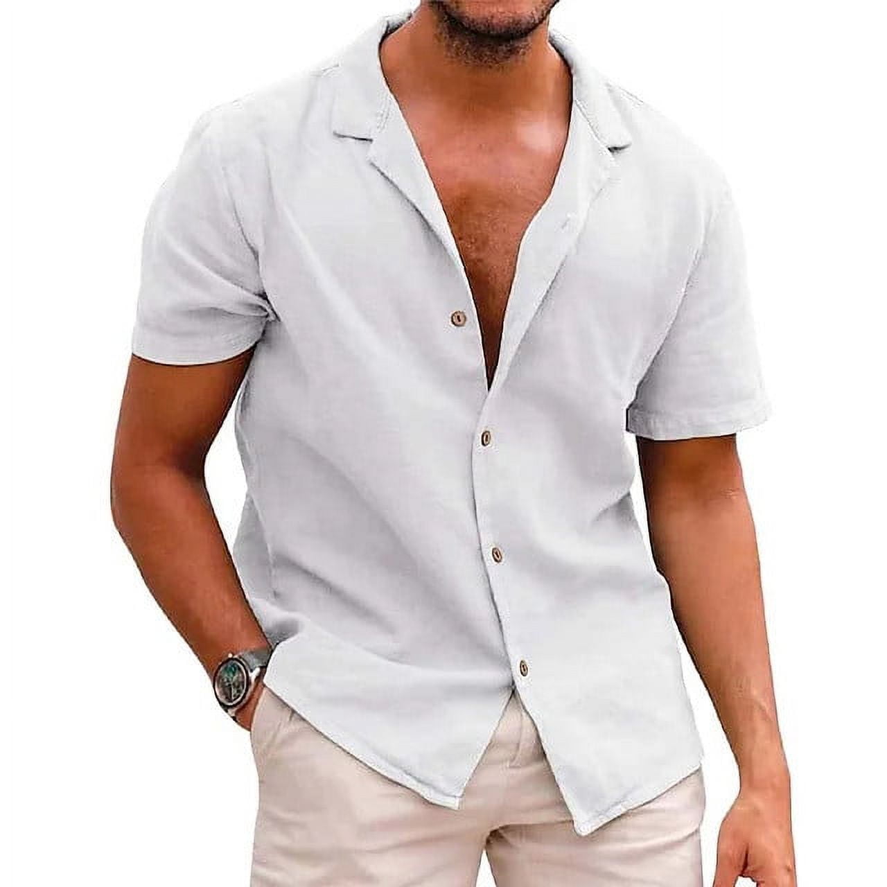 Beach Shirts for Men Button Up Casual Summer Short Sleeve Lapel Neck Plain  Tshirts Linen Blend Hawaiian Tees (Large, White)