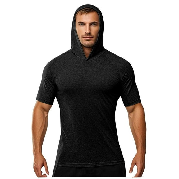 Beach Shirts for Men Hooded Short Sleeve Loose TunicHooded Shirt Blouse Fast Dry Clothes And Fitness Height Stretch Sunscreen Top Black,S