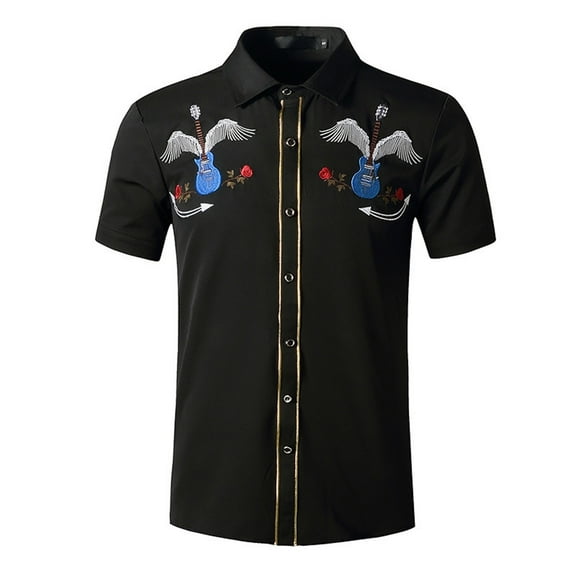 Beach Shirts for Men Men's Short Sleeve Embroidered Western Cowboy Leisure Snap Button Shirt Mens Shirt Black L