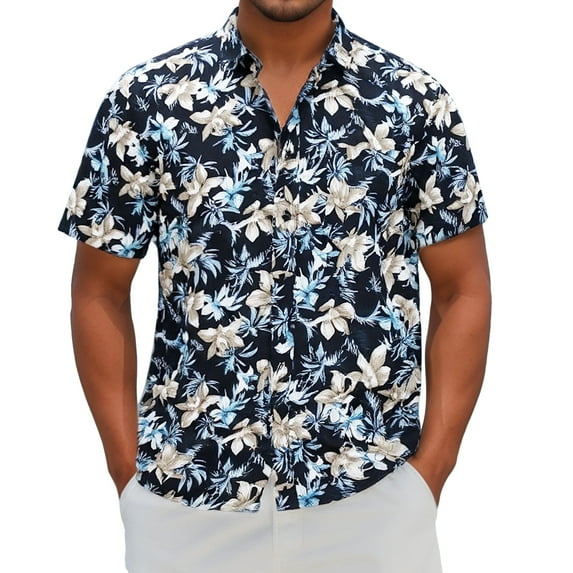Sumtumn Beach Shirts for Men Short Sleeve Hawaiian Navy Blue Floral Shirt Button Down Aloha Shirts