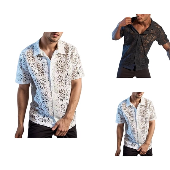 Beach Shirts for Men Summer Casual Short Sleeve Hollow out See through Button Down Collared Tropical Vacation Shirts