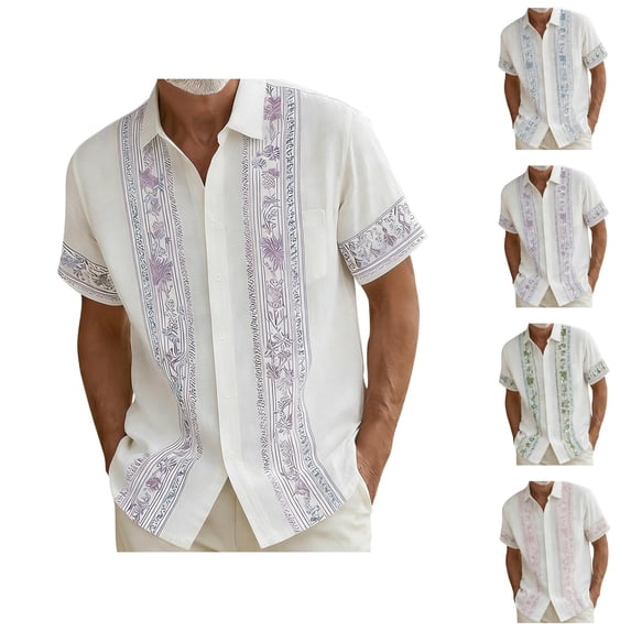 Beach Shirts for Men Summer Short Sleeve Button Down Lapel Collar Loose Fit Hoho Floral Print Casual Vacation Shirt