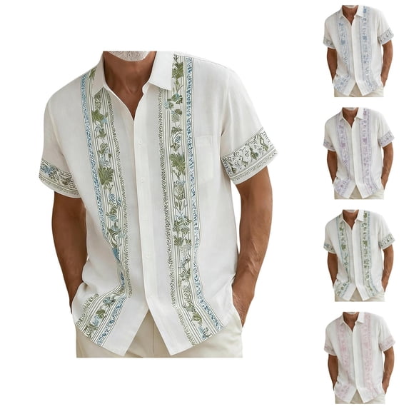 Beach Shirts for Men Summer Short Sleeve Button Down Lapel Collar Loose Fit Hoho Floral Print Casual Vacation Shirt
