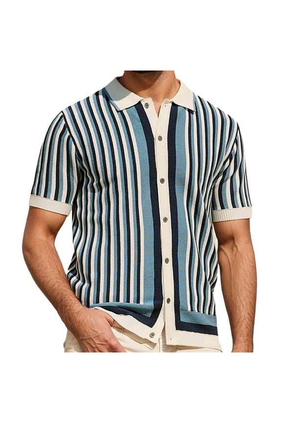 Beach Shirts for Men Summer Short Sleeve Button Down Stripe Print Spring Travel Outdoor Slim Fit Hawaiian Shirts for Men