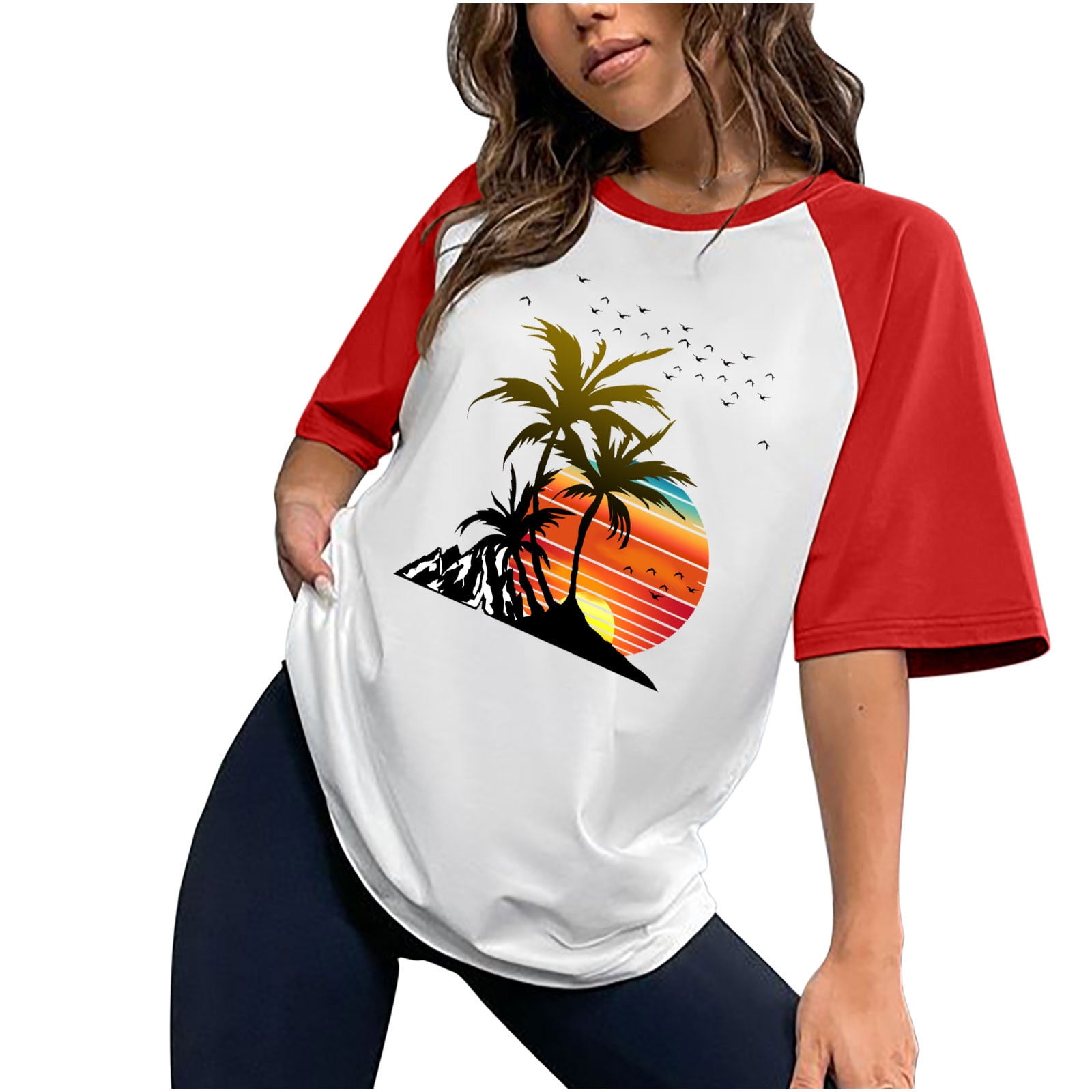 Baskuwish Beach Shirts for Women Hawaiian Graphic Tees Sunshine Summer Vacation Vintage Color Block Tshirt Tops, Women's, Size: 2XL, Red