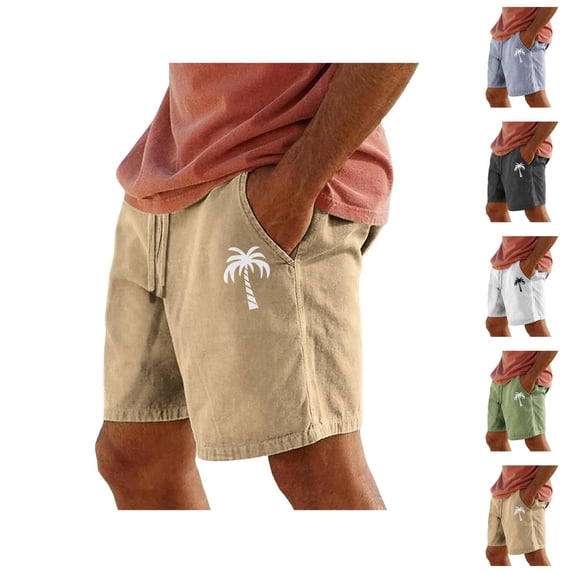 Beach Shorts for Men 2026 Summer Casual Relaxed Fit Elastic Waist Straight Leg Coconut Tree Printed Shorts with Pockets