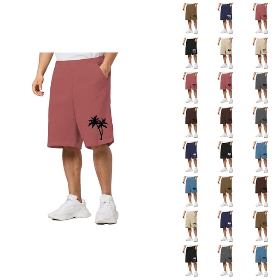 Beach Shorts for Men 2026 Summer Coconut Tree Printed Elastic Waist Straight Leg Loose Knee Length Shorts with Pockets