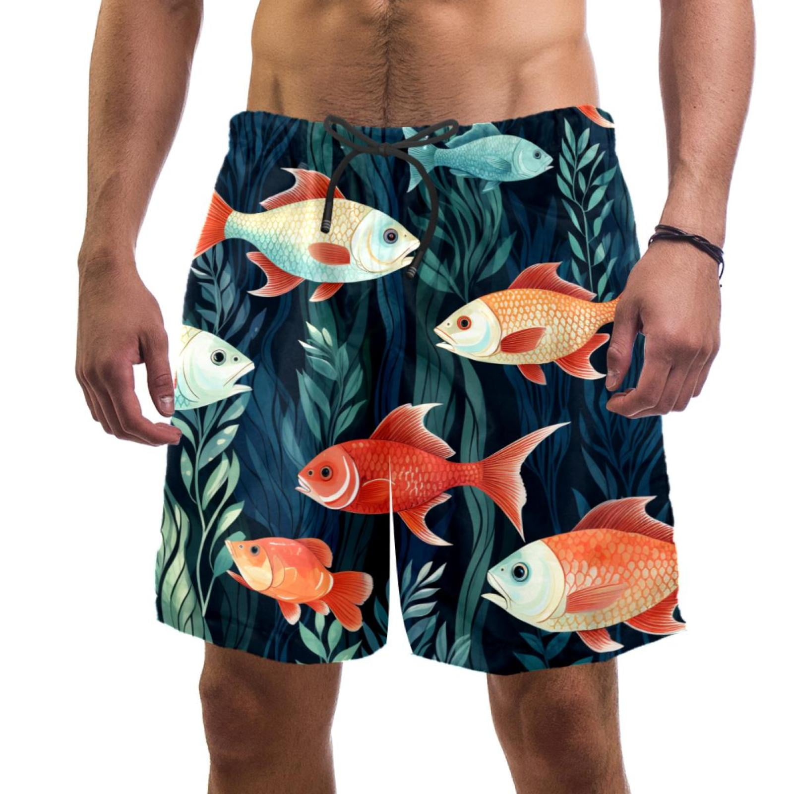 Beach Shorts for Men Art Colorful Fish Surfing Swimming Sports Board