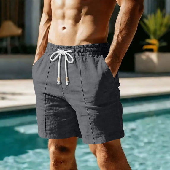 Beach Shorts for Men Cotton Linen Lightweight Breathable Summer Vacation Drawstring Board Shorts with Pockets Dark Gray M