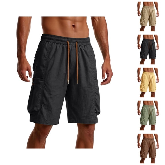 Beach Shorts for Men Summer Casual Elastic Waist Straight Leg Loose Fit Knee Length Cargo Shorts with Pockets