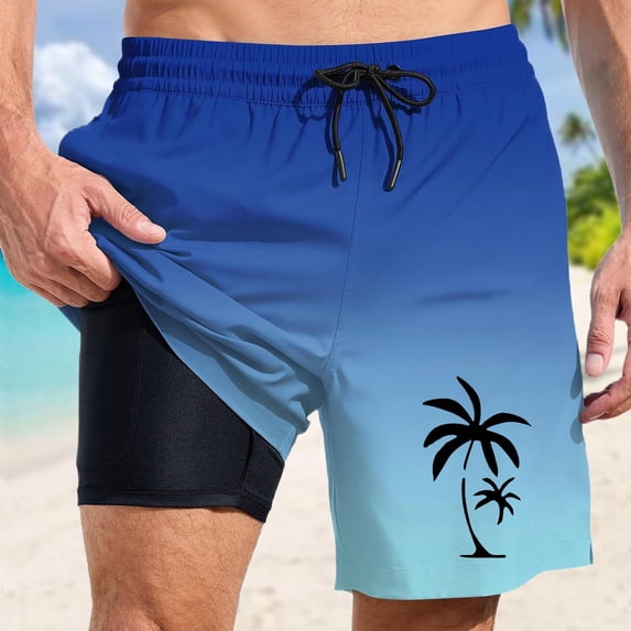 Beach Shorts for Men Summer Coconut Tree Print Quick Dry Bathing Suit With Pockets Drawstring Men's Swim Trunks Blue L