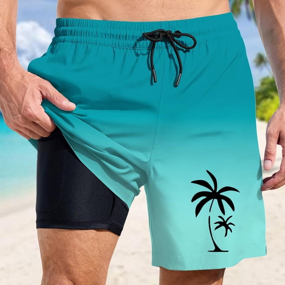 Beach Shorts for Men Summer Coconut Tree Print Quick Dry Bathing Suit With Pockets Drawstring Men's Swim Trunks Green L