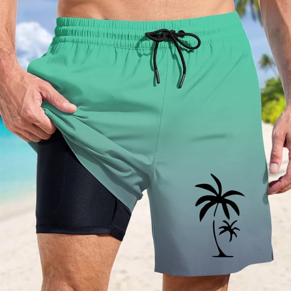Beach Shorts for Men Summer Coconut Tree Print Quick Dry Bathing Suit With Pockets Drawstring Mens Swim Trunks Light Green XL