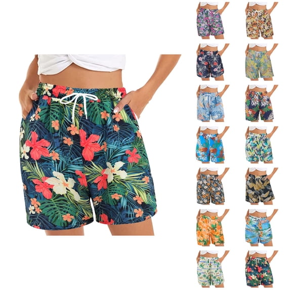 Beach Shorts for Women 2026 Summer Casual Floral Printed Elastic Waist Relaxed Fit Straight Leg Shorts with Pockets