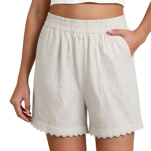 Beach Shorts for Women Plus Size Fashion Ruffled Hem Elastic Waist Casual Shorts with Pockets White XXL