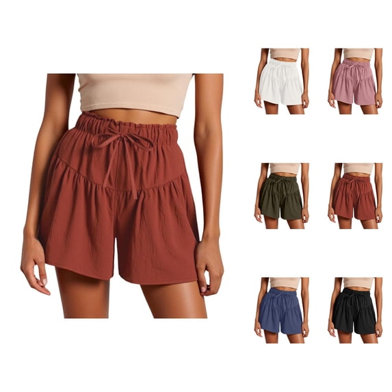 Beach Shorts for Women Summer Casual Cotton Linen Lightweight Elastic Waist Wide Leg Pleated Loose Shorts