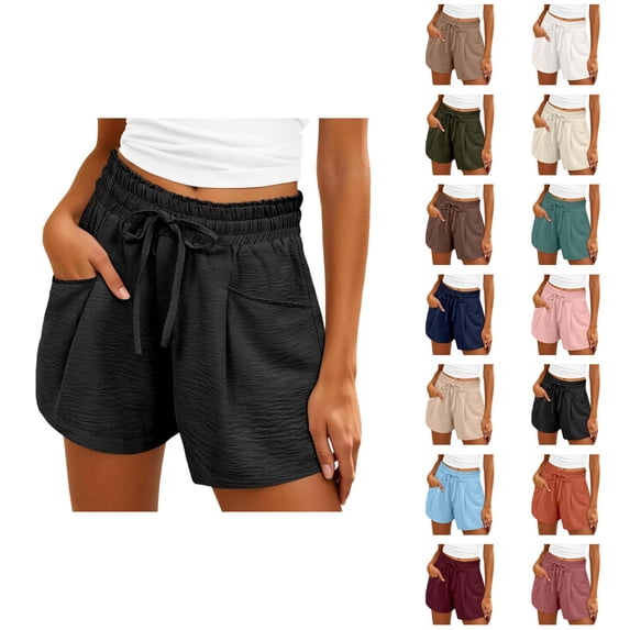 Beach Shorts for Women Summer Casual Elastic High Waist Drawstring Lightweight Vacation Shorts with Pockets