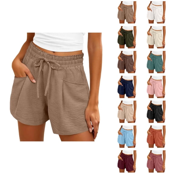 Beach Shorts for Women Summer Casual Elastic High Waist Drawstring Lightweight Vacation Shorts with Pockets