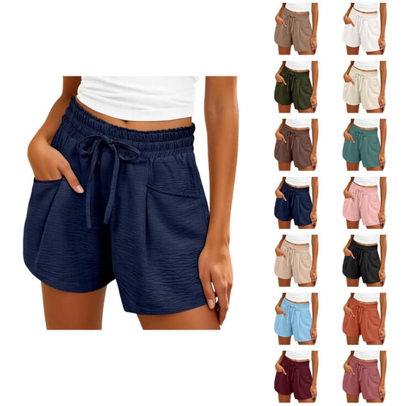 Beach Shorts for Women Summer Casual Elastic High Waist Drawstring Lightweight Vacation Shorts with Pockets