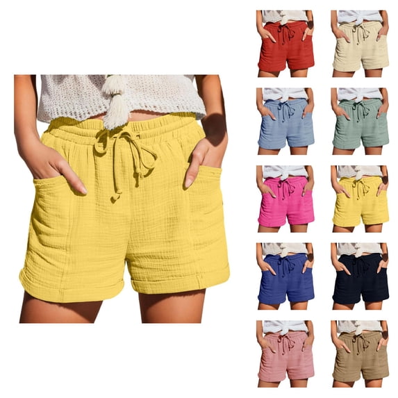 Beach Shorts for Women Summer Elastic Waist Loose Crinkle Lightweight Casual Shorts with Pockets Vacation Outfits