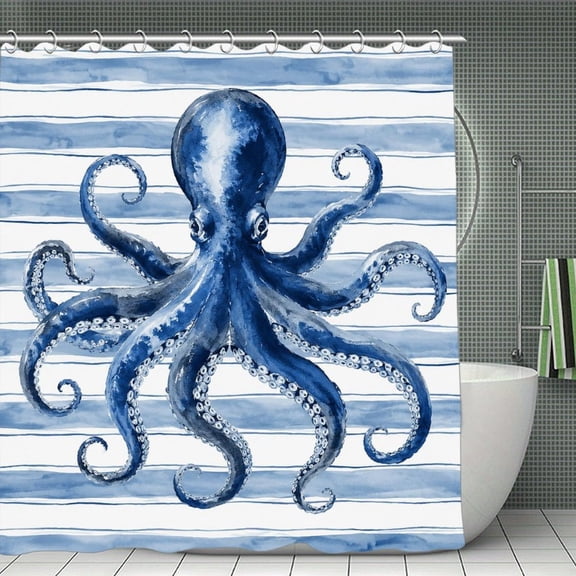 Beach Shower Curtain 70.8×70.8Inch Blue Octopus Watercolor Shower Curtain Summer Ocean Theme Shower Curtain for Bathroom Decor,Fabric Waterproof with Hooks