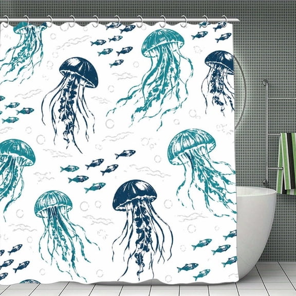 Beach Shower Curtain 70.8×70.8Inch Classic Jellyfish And Fish Pattern Shower Curtain Summer Ocean Theme Shower Curtain for Bathroom Decor,Fabric Waterproof with Hooks