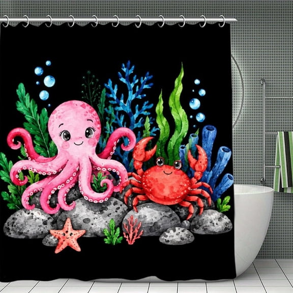 Beach Shower Curtain 70.8×70.8Inch Cute Octopus Crab Starfish Underwater Shower Curtain Summer Ocean Theme Shower Curtain for Bathroom Decor,Fabric Waterproof with Hooks