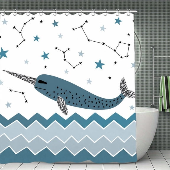 Beach Shower Curtain 70.8×70.8Inch Narwhal Among Stars And Waves Shower Curtain Summer Ocean Theme Shower Curtain for Bathroom Decor,Fabric Waterproof with Hooks