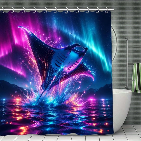 Beach Shower Curtain 70.870.8Inch Neon Manta Ray Under Aurora Sky Shower Curtain Summer Ocean Theme Shower Curtain for Bathroom Decor,Fabric Waterproof with Hooks