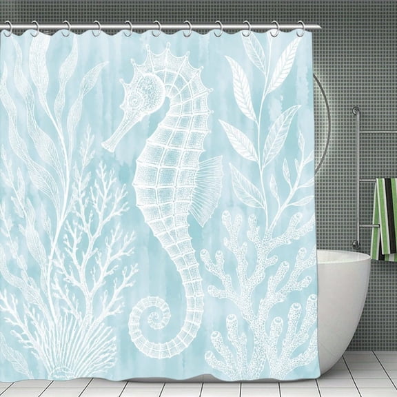 Beach Shower Curtain 70.8×70.8Inch Seahorse Coral Sketch Shower Curtain Summer Ocean Theme Shower Curtain for Bathroom Decor,Fabric Waterproof with Hooks