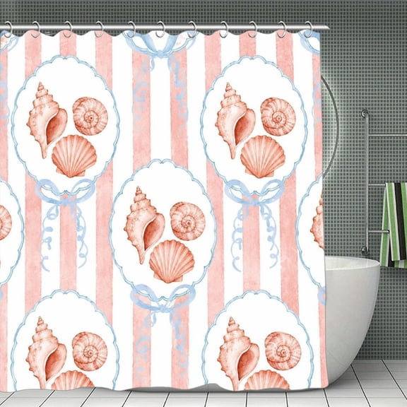 Beach Shower Curtain 70.8×70.8Inch Seashells Pink Stripes Pattern Shower Curtain Summer Ocean Theme Shower Curtain for Bathroom Decor,Fabric Waterproof with Hooks
