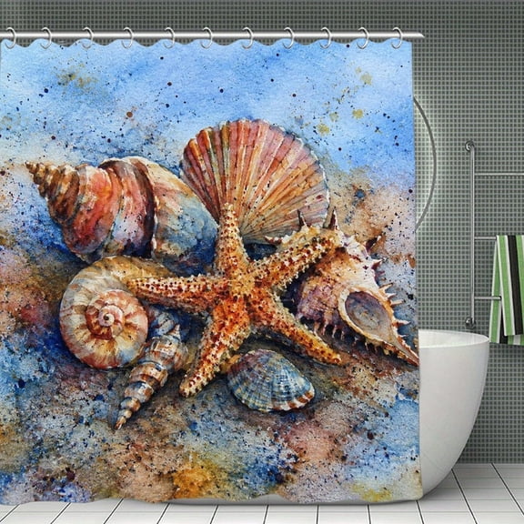 Beach Shower Curtain 70.8×70.8Inch Seashells Starfish Beach Watercolor Shower Curtain Summer Ocean Theme Shower Curtain for Bathroom Decor,Fabric Waterproof with Hooks