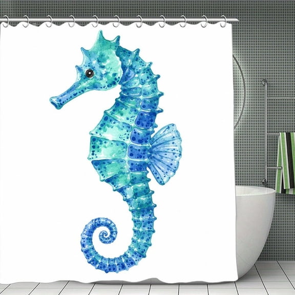 Beach Shower Curtain 70.8×70.8Inch Teal Watercolor Seahorse Shower Curtain Summer Ocean Theme Shower Curtain for Bathroom Decor,Fabric Waterproof with Hooks