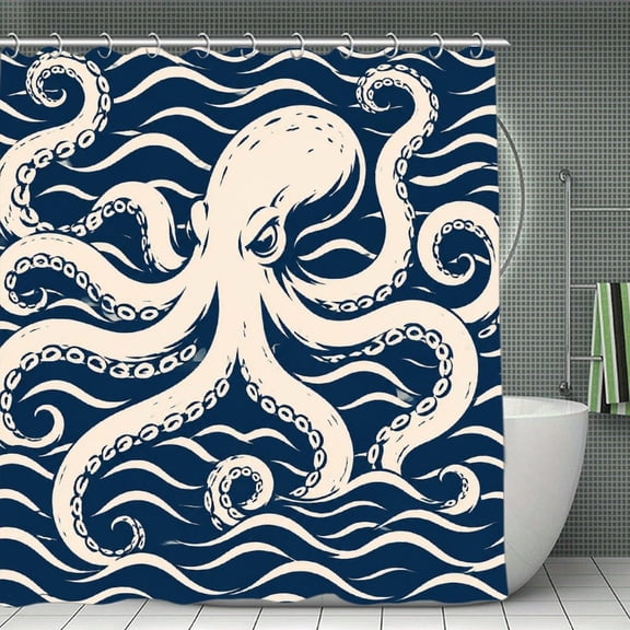 Beach Shower Curtain 70.8×70.8Inch Vintage Octopus Navy Waves.png Shower Curtain Summer Ocean Theme Shower Curtain for Bathroom Decor,Fabric Waterproof with Hooks