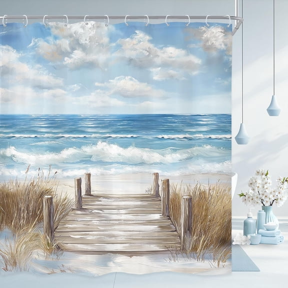 Beach Shower Curtain 72Wx72H Inch Blue Ocean Coastal Beachy Sea Oil Painting Seaside Summer Waves Modern Hawaii Landscape Scenery Bathroom Decor Fabric Polyester Waterproof 12 Pack Hooks