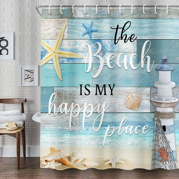Beach Shower Curtain, Beach Theme Starfish Seashell Rustic Vintage Wood Ocean Quote Words Fabric Shower Curtains, Nautical Coastal Theme Bathroom Curtains with Hooks 69x70Inches