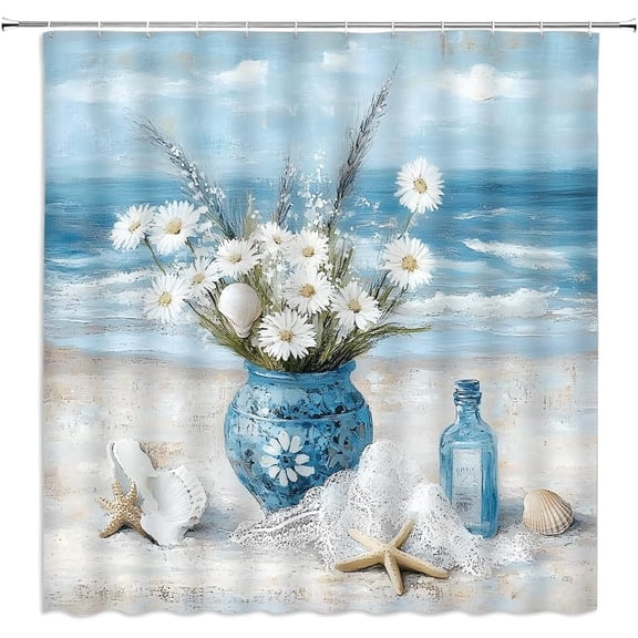 Beach Shower Curtain Blue Sea Starfish Seashell Conch White Daisy Floral Nautical Coastal Ocean View Abstract Oil Painting Bathroom Decor Polyester Fabric Curtains with Hook-72"W x 96"L (Pack of 1)