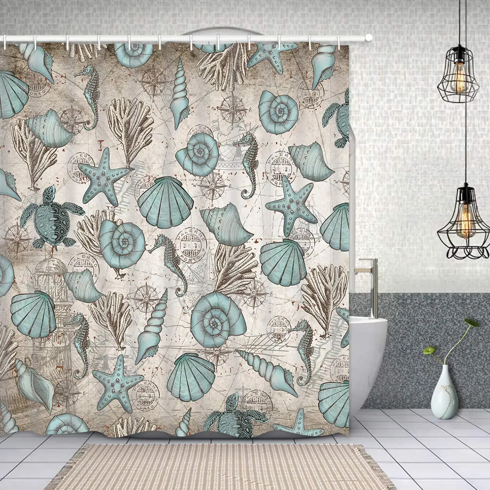 Beach Shower Curtain Coastal Shower Curtains with Seashells Staron Teal