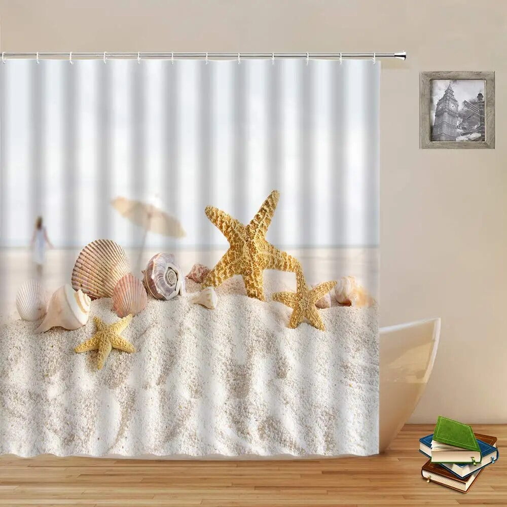 Beach Shower Curtain Coastal s with Seashells Staron Teal Blue Bath Set