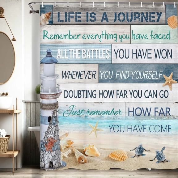 Beach Shower Curtain, Lighthouse Starfish Turtle Seashell Inspirational Motivational Sea Ocean Rustic Vintage Wood Nautical Coastal Fabric Waterproof Polyester Bathroom Curtain with Hooks