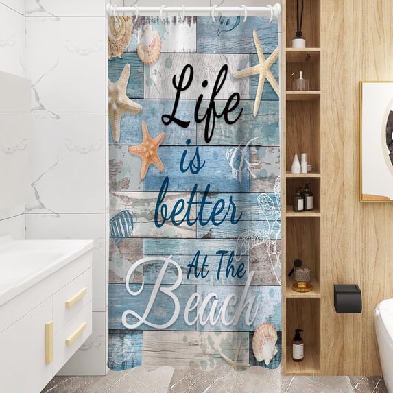 Beach Shower Curtain Nautical Coastal Ocean Sea Rustic Seashell Fish Starfish Stall Small Single Walk in Half Size Dorm Standing Narrow Stand Up RV Home Bathroom Decor Bathtub Set, 36x72, Blue