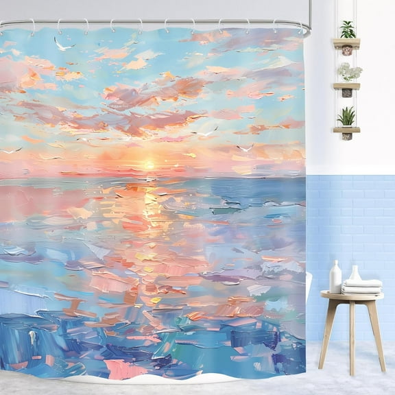 Beach Shower Curtain Ocean Beachy Abstract Blue Coastal Sunset Modern Sea Summer Nature Landscape Hawaii Seashore Bathroom Decor Oil Painting Bath Curtain Fabric with Hook-36"W x 72"L (Pack of 1)