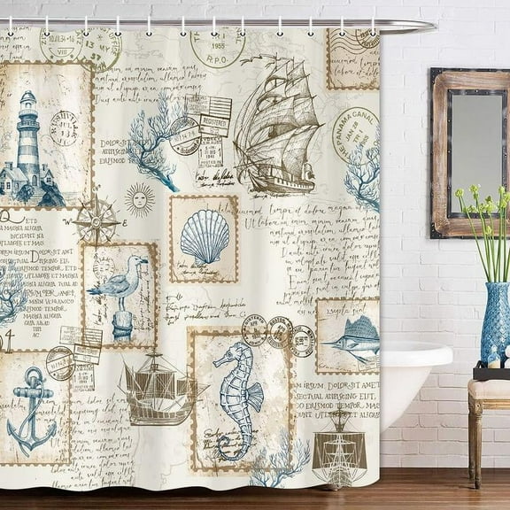 Beach Shower Curtain,Retro Bathroom Curtains,Vintage Nautical Coastal Shower Curtain for Bathroom,Starfish Seashells Sailing and Lighthouse Shower Curtain for Bathroom Decor 47X64in