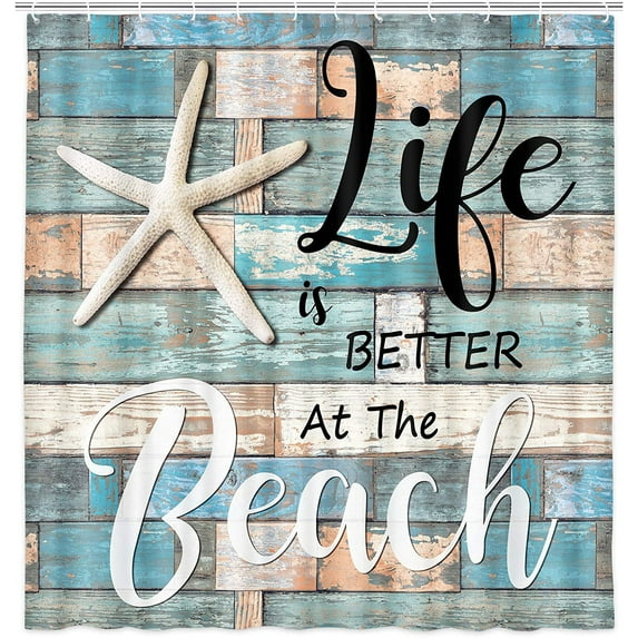 Beach Shower Curtain, Rustic Vintage Wood Ocean Quote Words Fabric Shower Curtain, Nautical Coastal Theme Shower Curtain with Hooks 69x75Inches