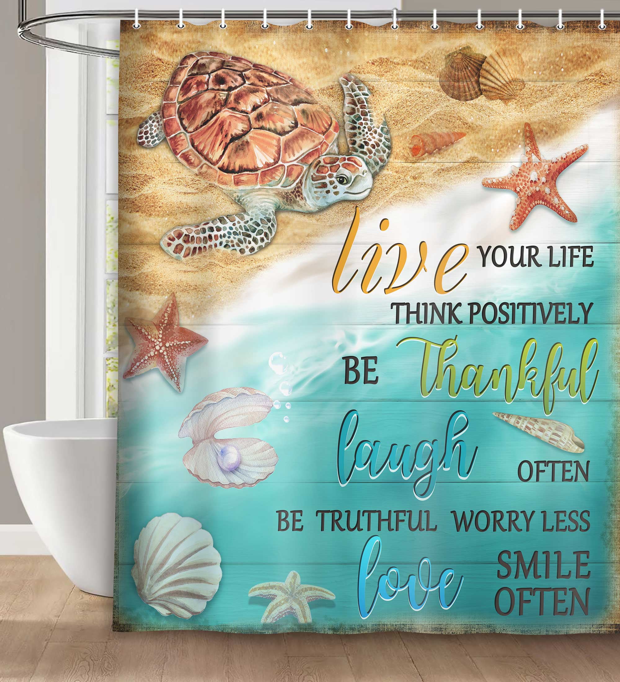 Beach Shower Curtain, Sea Turtle Shower Curtain Set with Hooks, Coastal Ocean Nautical Rustic