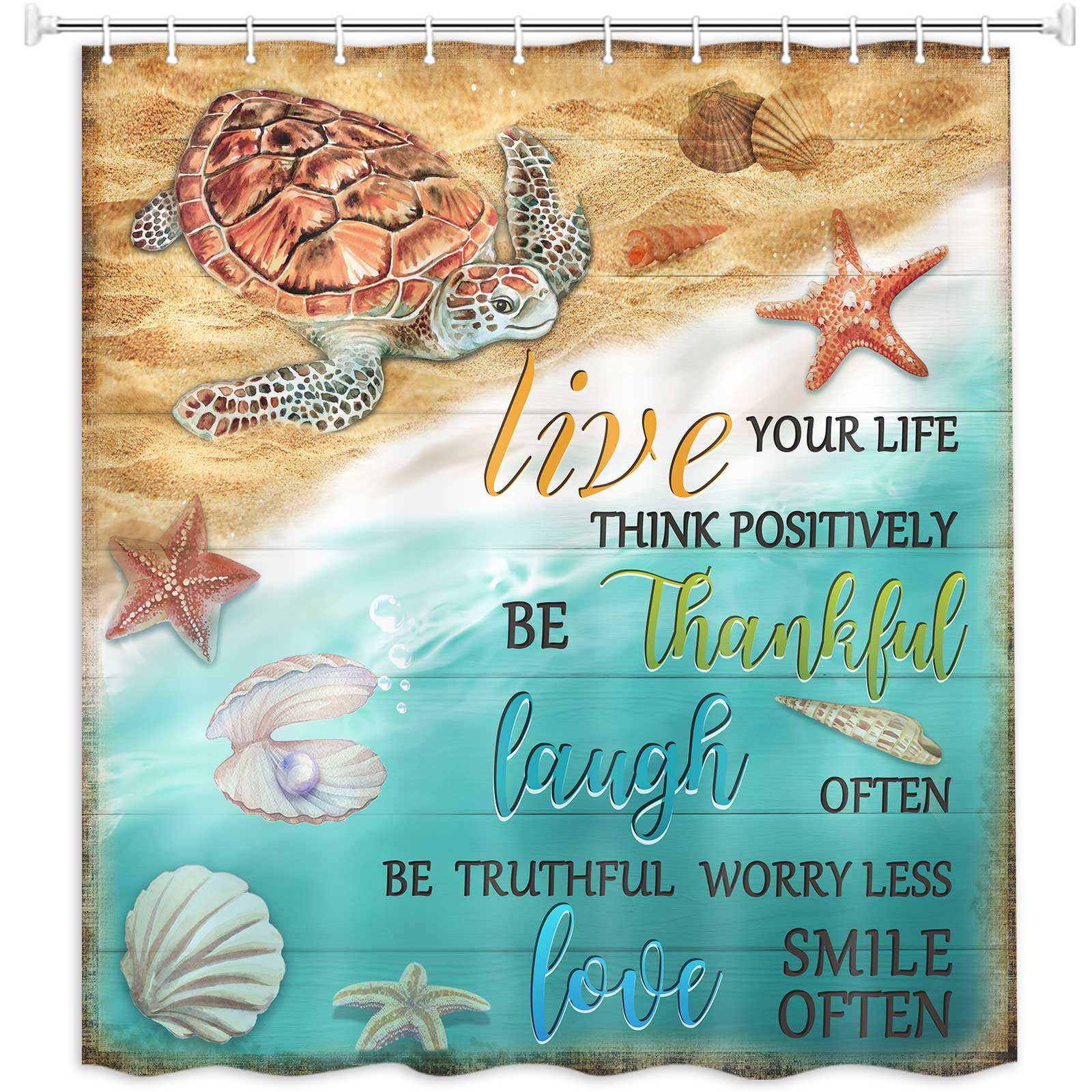 Beach Shower Curtain, Sea Turtle Shower Curtain Set with Hooks, Coastal Ocean Nautical Rustic Vintage Fabric Bathroom Curtains, 72X78 Inches