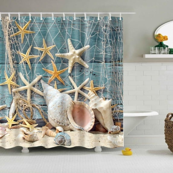 Beach Shower Curtain Seashell Beach Theme Starfish Shell Waterproof Fabric Bathroom Fabric Shower Curtain Polyester Stall Curtains with 12 Hooks 59x71 Inch