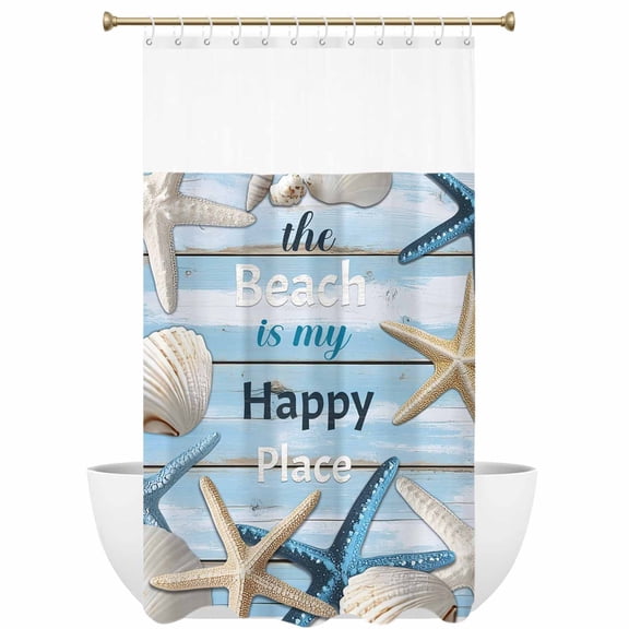 The Beach Shower Curtain with See Through Top Window Is My Happy Place Starfish Shell Gradient Wood Grain Waterproof Fabric Shower Curtains for Bathroom with 12 Hooks Hotel & Spa Decor 36x72 inches