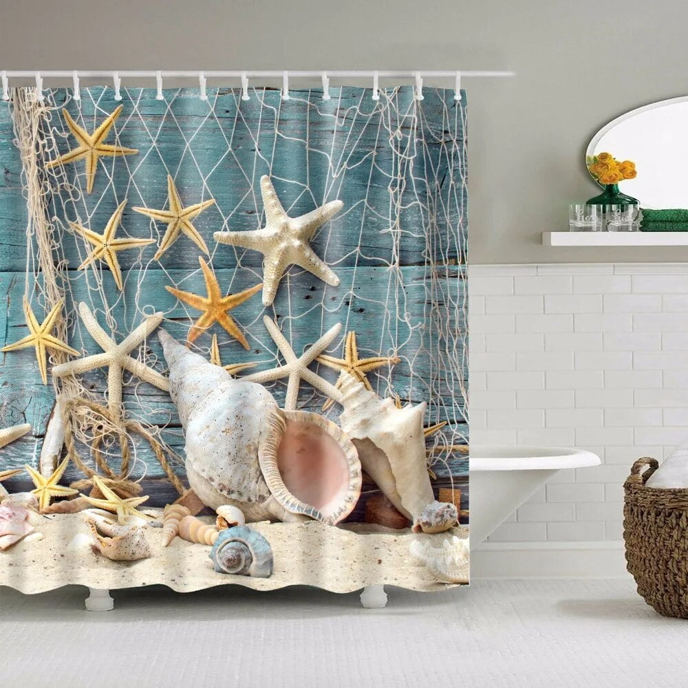 Beach Shower Curtain Set tarand Seashells on Blue Ocean Water Polyester ...